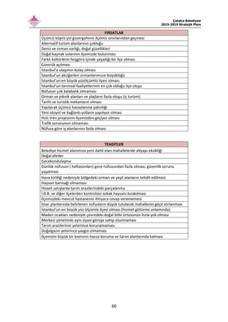 Çatalca Belediyesi
2015-2019 Stratejik Planı
60
FIRSATLAR
Üçüncü köprü yol güzergahının ilçemiz sınırlarından geçmesi
Alternatif turizm alanlarının çokluğu
Deniz ve orman varlığı, doğal güzellikleri
Doğal kaynak sularının ilçemizde bulunması
Farklı kültürlerin hoşgörü içinde yaşadığı bir ilçe olması
Gümrük açılması
İstanbul'a ulaşımın kolay olması
İstanbul'un akciğerleri ormanlarımızın büyüklüğü
İstanbul'un en büyük yüzölçümlü ilçesi olması
İstanbul'un tarımsal faaliyetlerinin en çok olduğu ilçe oluşu
Nüfusun çok kalabalık olmaması
Orman ve piknik alanları ve plajların fazla oluşu (iç turizm)
Tarihi ve turistik mekanların olması
Yapılacak üçüncü havaalanına yakınlığı
Yeni otoyol ve bağlantı yolların yapılıyor olması
Hızlı tren projesinin ilçemizden geçiyor olması
Trafik sorununun olmaması
Nüfusa göre iş alanlarının fazla olması
TEHDİTLER
Belediye hizmet alanımıza yeni dahil olan mahallelerde altyapı eksikliği
Doğal afetler
Gecekondulaşma
Günlük nüfusun ( haftasonları) gece nüfusundan fazla olması, güvenlik sorunu
yaşatması
Hava kirliliği nedeniyle bölgedeki orman ve yeşil alanların tehdit edilmesi
Hayvan barınağı olmaması
Hisseli satışlarda tarım arazilerindeki parçalanma
İ.B.B. ve diğer ilçelerden kontrolsüz sokak hayvanı bırakılması
İlçemizdeki mevcut hastanenin ihtiyaca cevap verememesi
İmar planlarında belirlenen nüfusların düşük tutularak mahallenin göçe zorlanması
İstanbul'un en büyük yüz ölçümlü ilçesi olması (hizmet götürme anlamında)
Maden ocakları nedeniyle çevredeki doğal bitki örtüsünün hızla yok olması
Merkezi yönetimle aynı siyasi görüşe sahip olunmaması
Tarım arazilerinin yeterince korunamaması
Doğalgazın yeterince yaygın olmaması
İlçemizin büyük bir kısmının havza koruma ve tarım alanlarında kalması
 