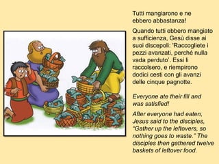 Tutti mangiarono e ne
ebbero abbastanza!
Quando tutti ebbero mangiato
a sufficienza, Gesù disse ai
suoi discepoli: 'Raccogliete i
pezzi avanzati, perché nulla
vada perduto’. Essi li
raccolsero, e riempirono
dodici cesti con gli avanzi
delle cinque pagnotte.
Everyone ate their fill and
was satisfied!
After everyone had eaten,
Jesus said to the disciples,
“Gather up the leftovers, so
nothing goes to waste.” The
disciples then gathered twelve
baskets of leftover food.
 