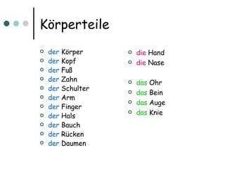 K örperteile der  K örper der  Kopf der  Fu ß der  Zahn der  Schulter der  Arm  der  Finger der  Hals der  Bauch  der  Rücken der  Daumen die  Hand die  Nase das  Ohr das  Bein das  Auge das  Knie 