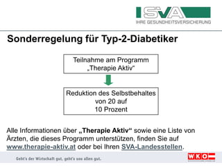 Sonderregelung für Typ-2-Diabetiker
Teilnahme am Programm
„Therapie Aktiv“
Reduktion des Selbstbehaltes
von 20 auf
10 Prozent
Alle Informationen über „Therapie Aktiv“ sowie eine Liste von
Ärzten, die dieses Programm unterstützen, finden Sie auf
www.therapie-aktiv.at oder bei Ihren SVA-Landesstellen.
 