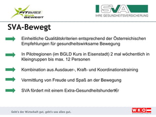 SVA-Bewegt
Einheitliche Qualitätskriterien entsprechend der Österreichischen
Empfehlungen für gesundheitswirksame Bewegung
In Pilotregionen (im BGLD Kurs in Eisenstadt) 2 mal wöchentlich in
Kleingruppen bis max. 12 Personen
Kombination aus Ausdauer-, Kraft- und Koordinationstraining
Vermittlung von Freude und Spaß an der Bewegung
SVA fördert mit einem Extra-Gesundheitshundert€r
Böhmerwald Hotel INNs HOLZ
 