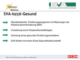 SVA-Is(s)t-Gesund
Standardisiertes Ernährungsprogramm mit Messungen der
Körperzusammensetzung (BIA)
Umsetzung durch Kooperationsdiätologen
Schulung eines gesunden Ernährungsverhaltens
SVA fördert mit einem Extra-Gesundheitshundert€r
Ulrihsberg OÖ
Böhmerwald Hotel INNs HOLZ Schöneben 2012
 