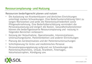 Ressourcenplanung- und Nutzung
Ressourcen bedarfsgerecht planen und nutzen
• Die Auslastung von Krankenhäusern und ähnlichen Einrichtungen
  unterliegt starken Schwankungen. Eine Bedarfsunterschätzung führt zu
  langen Wartezeiten und senkt die Patientenzufriedenheit sowie
  Pflegewahrnehmung. Eine Bedarfsüberschätzung vermindert die
  Personalauslastung und steigert die Kosten. Gesundheitsdienstleister
  können die bedarfsgesteuerte Ressourcenplanung und -nutzung in
  folgenden Bereichen verbessern:
• Nutzung der Notaufnahme, Operationssäle, Intensivstationen,
  Untersuchungsräume, Patientenbetten und anderer Einrichtungen
• Planung des Geräteeinsatzes und der Patientenuntersuchungen
• Schichtplanung für Ärzte und medizinisches Personal
• Personalanpassungsplanung aufgrund von Schwankungen des
  Patientenaufkommens, Urlaub, Krankheit, Feiertagen,
  Naturkatastrophen, Kündigung usw.

                                                                           6
                                                              www.exasol.com
 