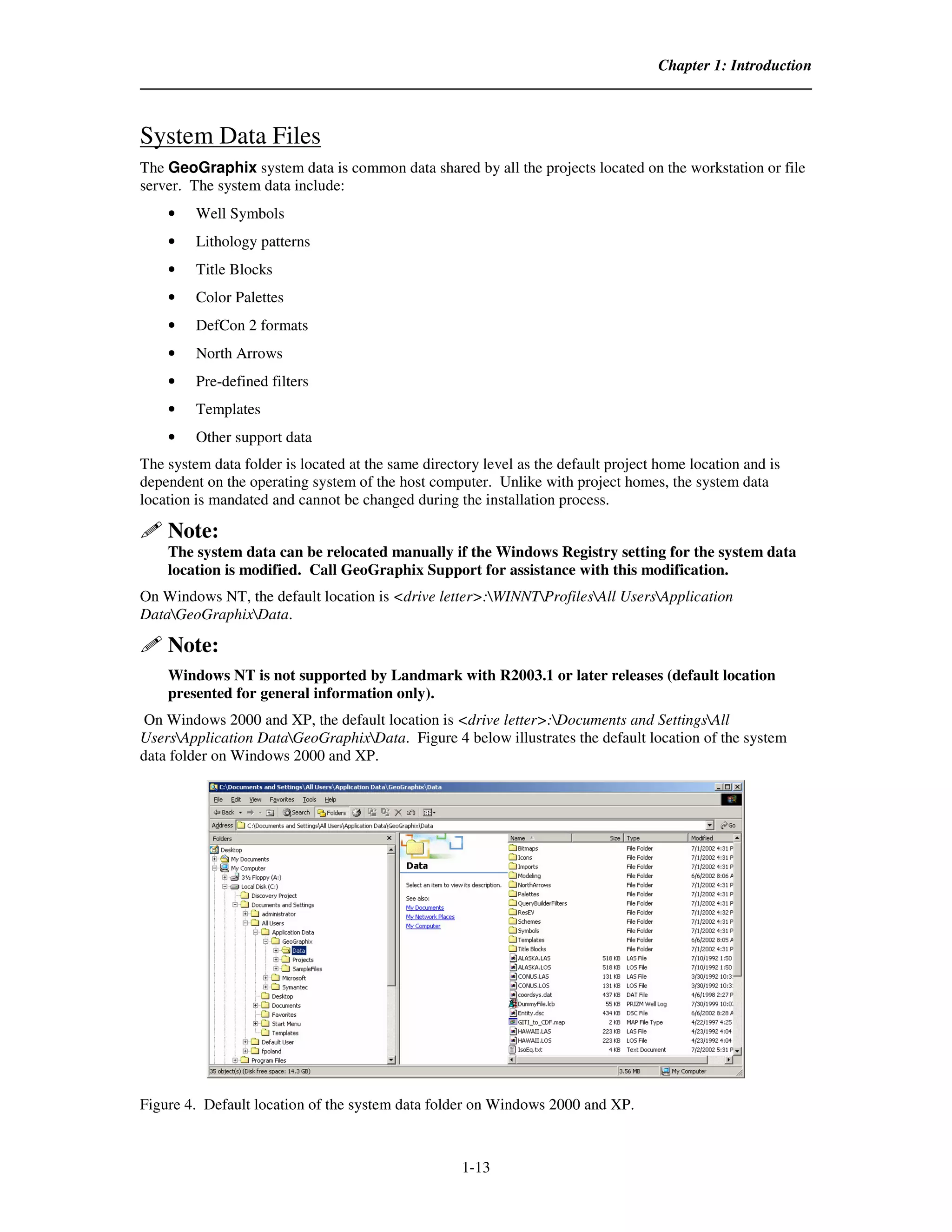Chapter 1: Introduction



System Data Files
The GeoGraphix system data is common data shared by all the projects located on the workstation or file
server. The system data include:
    •    Well Symbols
    •    Lithology patterns
    •    Title Blocks
    •    Color Palettes
    •    DefCon 2 formats
    •    North Arrows
    •    Pre-defined filters
    •    Templates
    •    Other support data
The system data folder is located at the same directory level as the default project home location and is
dependent on the operating system of the host computer. Unlike with project homes, the system data
location is mandated and cannot be changed during the installation process.

    Note:
    The system data can be relocated manually if the Windows Registry setting for the system data
    location is modified. Call GeoGraphix Support for assistance with this modification.
On Windows NT, the default location is <drive letter>:WINNTProfilesAll UsersApplication
DataGeoGraphixData.

    Note:
    Windows NT is not supported by Landmark with R2003.1 or later releases (default location
    presented for general information only).
On Windows 2000 and XP, the default location is <drive letter>:Documents and SettingsAll
UsersApplication DataGeoGraphixData. Figure 4 below illustrates the default location of the system
data folder on Windows 2000 and XP.




Figure 4. Default location of the system data folder on Windows 2000 and XP.



                                                    1-13
 