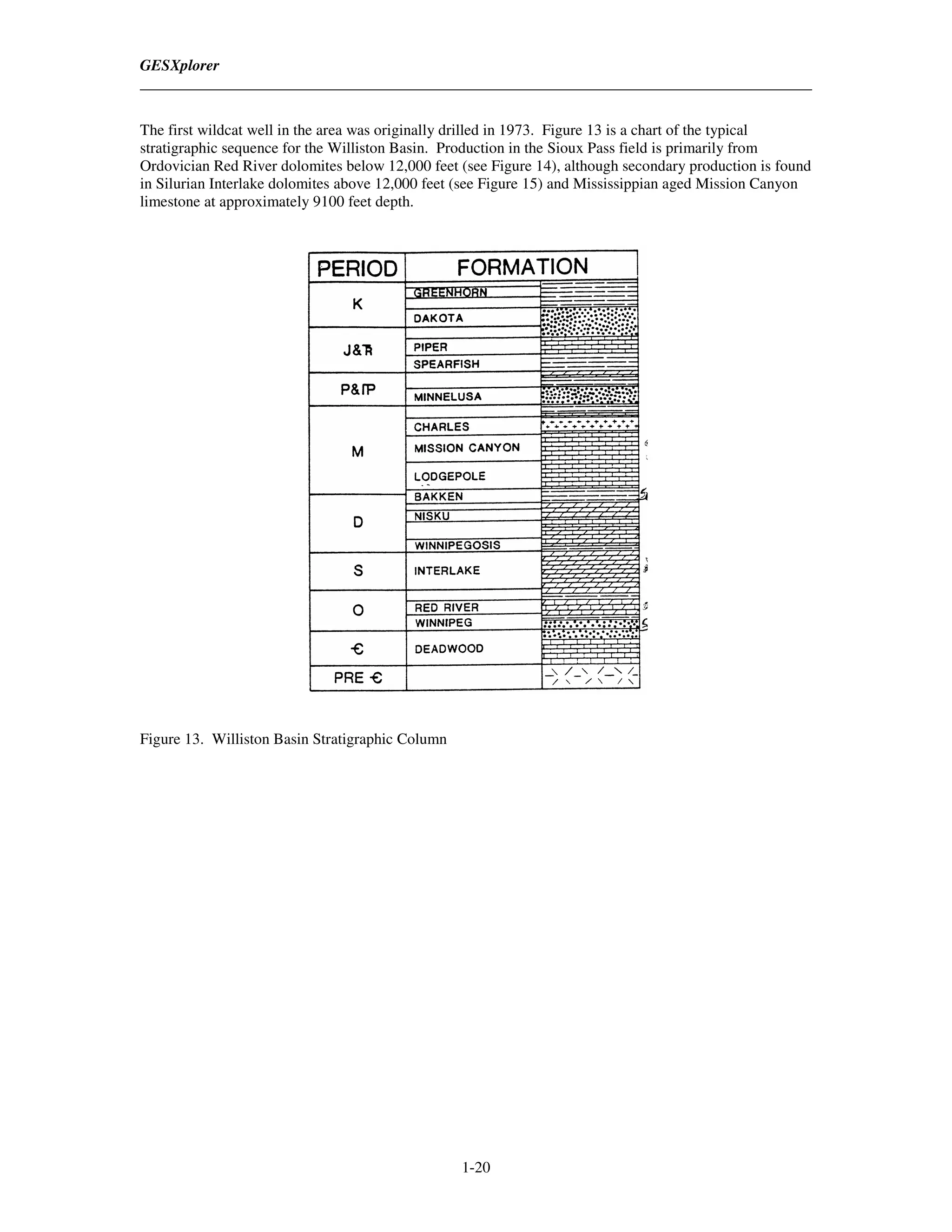 GESXplorer



The first wildcat well in the area was originally drilled in 1973. Figure 13 is a chart of the typical
stratigraphic sequence for the Williston Basin. Production in the Sioux Pass field is primarily from
Ordovician Red River dolomites below 12,000 feet (see Figure 14), although secondary production is found
in Silurian Interlake dolomites above 12,000 feet (see Figure 15) and Mississippian aged Mission Canyon
limestone at approximately 9100 feet depth.




Figure 13. Williston Basin Stratigraphic Column




                                                  1-20
 