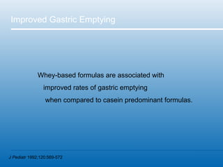 Improved Gastric Emptying




             Whey-based formulas are associated with
                improved rates of gastric emptying
                 when compared to casein predominant formulas.




J Pediatr 1992;120:569-572
 