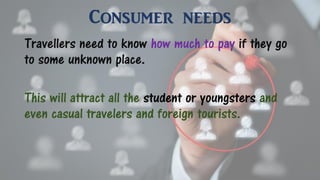 Consumer needs
Travellers need to know how much to pay if they go
to some unknown place.
This will attract all the student or youngsters and
even casual travelers and foreign tourists.
 