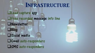 Infrastructure
Lead capture app
Free recorded message info line
Newsletter
Blog
Social media
Email auto-responders
SMS auto-responders
 