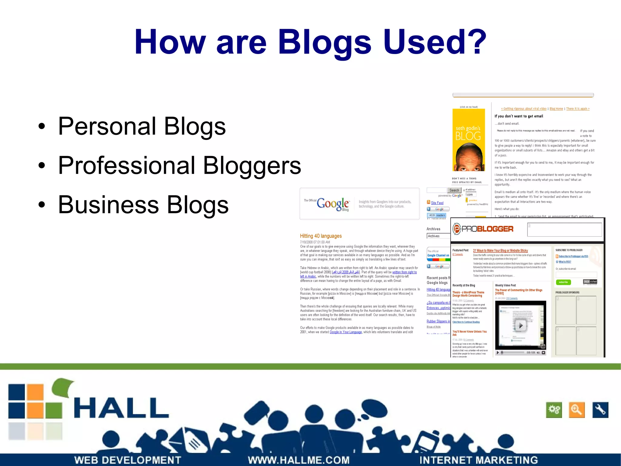 How are Blogs Used? Personal Blogs Professional Bloggers Business Blogs 