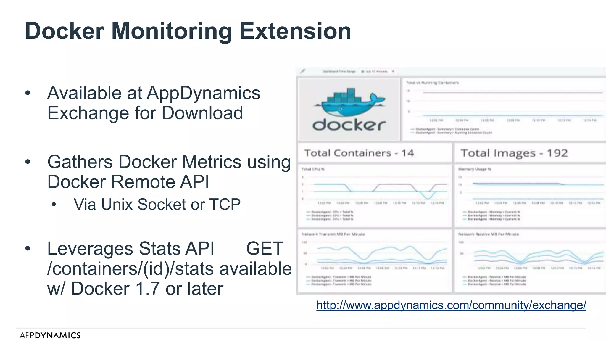 Docker Monitoring Extension
• Available at AppDynamics
Exchange for Download
• Gathers Docker Metrics using
Docker Remote API
• Via Unix Socket or TCP
• Leverages Stats API GET
/containers/(id)/stats available
w/ Docker 1.7 or later
http://www.appdynamics.com/community/exchange/
 