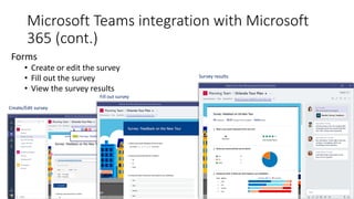 Microsoft Teams integration with Microsoft
365 (cont.)
Forms
• Create or edit the survey
• Fill out the survey
• View the survey results
Create/Edit survey
Fill out survey
Survey results
 