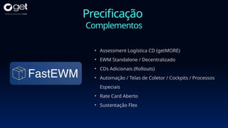 Precificação
Complementos
• Assessment Logística CD (getMORE)
• EWM Standalone / Decentralizado
• CDs Adicionais (Rollouts)
• Automação / Telas de Coletor / Cockpits / Processos
Especiais
• Rate Card Aberto
• Sustentação Flex
 