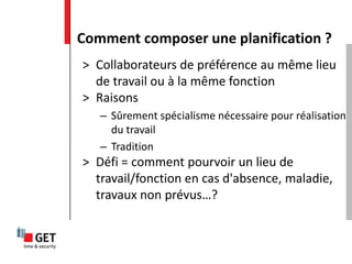> Collaborateurs de préférence au même lieu
de travail ou à la même fonction
> Raisons
– Sûrement spécialisme nécessaire pour réalisation
du travail
– Tradition
> Défi = comment pourvoir un lieu de
travail/fonction en cas d'absence, maladie,
travaux non prévus…?
Comment composer une planification ?
 