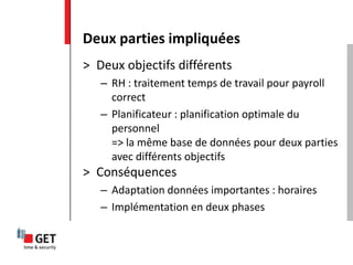 > Deux objectifs différents
– RH : traitement temps de travail pour payroll
correct
– Planificateur : planification optimale du
personnel
=> la même base de données pour deux parties
avec différents objectifs
> Conséquences
– Adaptation données importantes : horaires
– Implémentation en deux phases
Deux parties impliquées
 