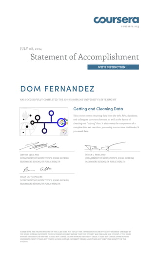 coursera.org
Statement of Accomplishment
WITH DISTINCTION
JULY 08, 2014
DOM FERNANDEZ
HAS SUCCESSFULLY COMPLETED THE JOHNS HOPKINS UNIVERSITY'S OFFERING OF
Getting and Cleaning Data
This course covers obtaining data from the web, APIs, databases,
and colleagues in various formats, as well as the basics of
cleaning and “tidying” data. It also covers the components of a
complete data set: raw data, processing instructions, codebooks, &
processed data.
JEFFREY LEEK, PHD
DEPARTMENT OF BIOSTATISTICS, JOHNS HOPKINS
BLOOMBERG SCHOOL OF PUBLIC HEALTH
ROGER D. PENG, PHD
DEPARTMENT OF BIOSTATISTICS, JOHNS HOPKINS
BLOOMBERG SCHOOL OF PUBLIC HEALTH
BRIAN CAFFO, PHD, MS
DEPARTMENT OF BIOSTATISTICS, JOHNS HOPKINS
BLOOMBERG SCHOOL OF PUBLIC HEALTH
PLEASE NOTE: THE ONLINE OFFERING OF THIS CLASS DOES NOT REFLECT THE ENTIRE CURRICULUM OFFERED TO STUDENTS ENROLLED AT
THE JOHNS HOPKINS UNIVERSITY. THIS STATEMENT DOES NOT AFFIRM THAT THIS STUDENT WAS ENROLLED AS A STUDENT AT THE JOHNS
HOPKINS UNIVERSITY IN ANY WAY. IT DOES NOT CONFER A JOHNS HOPKINS UNIVERSITY GRADE; IT DOES NOT CONFER JOHNS HOPKINS
UNIVERSITY CREDIT; IT DOES NOT CONFER A JOHNS HOPKINS UNIVERSITY DEGREE; AND IT DOES NOT VERIFY THE IDENTITY OF THE
STUDENT.
 