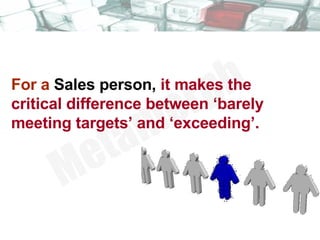 For a  Sales person,  it makes the critical difference between ‘barely meeting targets’ and ‘exceeding’. 