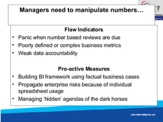 Managers need to manipulate numbers… Flaw Indicators Panic when number based reviews are due Poorly defined or complex business metrics  Weak data accountability Pro-active Measures Building BI framework using factual business cases Propagate enterprise risks because of individual spreadsheet usage  Managing ‘hidden’ agendas of the dark horses  