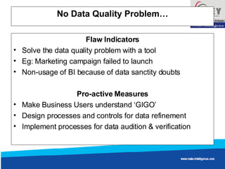 No Data Quality Problem… Flaw Indicators Solve the data quality problem with a tool Eg: Marketing campaign failed to launch  Non-usage of BI because of data sanctity doubts  Pro-active Measures Make Business Users understand ‘GIGO’  Design processes and controls for data refinement Implement processes for data audition & verification 