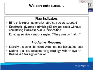 We can outsource… Flaw Indicators BI is only report generation and can be outsourced Emphasis given to optimizing BI project costs without correlating Business Value Proposition  Existing service vendors saying “They can do it all…” Pro-Active Measures Identify the core elements which cannot be outsourced Define a futuristic outsourcing strategy with an eye on Business Strategy evolution 
