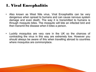 1. Viral Encephalitis
• Also known as West Nile virus, Viral Encephalitis can be very
dangerous when spread to humans and can cause nervous system
damage and even death. The way it is transmitted to humans is
through mosquito bites. The mosquito will bite an infected bird and
then transmit the disease when it bites a person.
• Luckily mosquitos are very rare in the UK so the chances of
contracting the virus in this way are extremely low. However you
should always be aware of this when travelling abroad to countries
where mosquitos are commonplace.
 