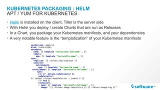 KUBERNETES PACKAGING : HELM
• Helm is installed on the client, Tiller is the server side
• With Helm you deploy / create Charts that are run as Releases
• In a Chart, you package your Kubernetes manifests, and your dependencies
• A very notable feature is the “templatization“ of your Kubernetes manifests
APT / YUM FOR KUBERNETES
apiVersion: apps/v1
kind: StatefulSet
metadata:
name: {{ template "terracotta.fullname" . }}
labels:
app: {{ template "terracotta.name" . }}
spec:
replicas: {{ .Values.replicaCount }}
selector:
matchLabels:
app: {{ template "terracotta.name" . }}
serviceName: {{ template "terracotta.fullname" . }}
spec:
{{- if .Values.nodeSelector }}
nodeSelector:
{{ toYaml .Values.nodeSelector | indent 8 }}
{{- end }}
containers:
- name: {{ template "terracotta.fullname" . }}
image: "{{ .Values.image.repository }}:{{ .Values.image.tag }}”
 
