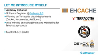 LET ME INTRODUCE MYSELF
„Anthony Dahanne
„Software Engineer @Software AG
„Working on Terracotta cloud deployments
(Docker, Kubernetes, AWS, etc.)
„Also working on Management and Monitoring for
Terracotta products
„Montréal JUG leader
 