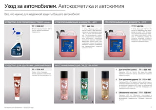 Последняя дата обновления – 18.04.2016 года. 17
Уход за автомобилем. Автокосметика и автохимия
Все,что нужно для надежной защиты Вашего автомобиля!
СРЕДСТВО ДЛЯ УДАЛЕНИЯ ЦАРАПИН «Ixtar»
СРЕДСТВО ДЛЯ ПОЛИРОВКИ СТЕКОЛ «Ixtar»
77 11 228 097
77 11 229 363
Флаконспульверизатором, 500мл.
Чистит любые стеклянные
поверхности.
Тюбик, 100 гр. Полирует
легкие царапины нанесенные
ключами, ногтями, ветками и т. д.
ВОССТАНАВЛИВАЮЩИЕ СРЕДСТВА IXTAR
Для очистки салона 77 11 229 360
Аэрозоль, 250 мл. Чистит без воды все виды
тканевых покрытий: кресла, напольные покрытия,
коврики и ящики.
1
1
Для удаления гудрона 77 11 229 361
Аэрозоль, 250 мл. Растворяет смолы, масла, смазки и
углеродосодержащие продукты, облегчает очистку
загрязненных поверхностей. Может использоваться
на кузовных деталях, на пластике. Безвреден для
лакокрасочного покрытия.
2
Обновитель пластика 77 11 228 099
Аэрозоль, 250 мл. Обновляет пластиковые и
резиновые детали в салоне. Придает матовый блеск
вычищенным поверхностям. Обладает приятным
запахом. 
3
2 3
4 литра. Защищает стекло и его
контур от замерзания при темпе-
ратуре не ниже – 25о
С. Уникаль-
ная химическая формула позво-
ляет эффективно удалять грязь,
соль и нефтяную пленку не
оставляя разводов. Жидкость
безвредна для лакокрасочных
покрытий и резинок стекол.
СТЕКЛООМЫВАЮЩАЯ ЖИДКОСТЬ –40о
С
77 11 546 765
СТЕКЛООМЫВАЮЩАЯ ЖИДКОСТЬ –25о
С
77 11 546 766
4 литра. Предназначена для
очистки стекол и фар автотран-
спорта при температуре не ниже
– 40о
С, а также для приготовле-
ния стеклоомывающих жидко-
стей с различными температу-
рами застывания. Уникальная
химическая формула позволяет
эффективно удалять грязь, соль
и нефтяную пленку не оставляя
разводов. Жидкость безвредна
для лакокрасочных покрытий
и резинок стекол.
 