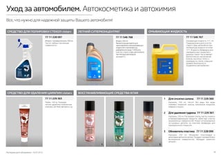 Последняя дата обновления –10.07.2015 18
Уход за автомобилем. Автокосметика и автохимия
Все,что нужно для надежной защиты Вашего автомобиля!
СРЕДСТВО ДЛЯ УДАЛЕНИЯ ЦАРАПИН «Ixtar»
ЛЕТНИЙ СУПЕРКОНЦЕНТРАТ
ВОССТАНАВЛИВАЮЩИЕ СРЕДСТВА IXTAR
СРЕДСТВО ДЛЯ ПОЛИРОВКИ СТЕКОЛ «Ixtar»
77 11 228 097
77 11 229 363
77 11 546 768
Для очситки салона 77 11 229 360
Флаконспульверизатором,500мл.
Чистит любые стеклянные
поверхности.
Тюбик, 100 гр. Полирует
легкие царапины нанесенные
ключами, ногтями, ветками и т.д.
Флакон,500мл.
Являетсяконцентратомдля
приготовлениястеклоомывающих
жидкостейиприменяетсяв
разбавленномвиде(1:400)для
очистки стекол и фар автомобиля
притемпературевоздуха
нениже0о
С.
Аэрозоль, 250 мл. Чистит без воды все виды
тканевых покрытий: кресла, напольные покрытия,
коврики и ящики.
1
1
Для удаления гудрона 77 11 229 361
Аэрозоль, 250 мл. Растворяет смолы, масла, смазки и
углеродосодержащие продукты, облегчает очистку
загрязненных поверхностей. Может использоваться
на кузовных деталях, на пластике. Безвреден для
лакокрасочного покрытия.
2
Обновитель пластика 77 11 228 099
Аэрозоль, 250 мл. Обновляет пластиковые и
резиновые детали в салоне. Придает матовый блеск
вычищенным поверхностям. Обладает приятным
запахом. 
3
2 3
ОМЫВАЮЩАЯ ЖИДКОСТЬ
77 11 546 767
Омывающая жидкость -5 о
С, 4л.
Предназначена для очистки
стекол и фар автомобиля при
температуре воздуха не ниже
-5о
С.Жидкость безвредна для
лакокрасочных покрытий и
резинок стекол. Не оставляет
биологических загрязнений,
бликов, масляных пятен и
разводов на стекле, повышая
уровень безопасности
управления автомобилем.
 