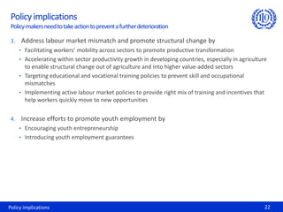 Policy implications
 Policy-makers need to take action to prevent a further deterioration

 3. Address labour market mismatch and promote structural change by
    • Facilitating workers’ mobility across sectors to promote productive transformation
    • Accelerating within sector productivity growth in developing countries, especially in agriculture
      to enable structural change out of agriculture and into higher value-added sectors
    • Targeting educational and vocational training policies to prevent skill and occupational
      mismatches
    • Implementing active labour market policies to provide right mix of training and incentives that
      help workers quickly move to new opportunities


 4. Increase efforts to promote youth employment by
    • Encouraging youth entrepreneurship
    • Introducing youth employment guarantees




Policy implications                                                                                     22
 