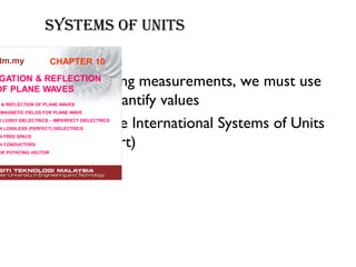 Systems of UNITS
• When taking measurements, we must use
units to quantify values
• We use the International Systems of Units
(SI for short)
GATION & REFLECTION
OF PLANE WAVES
CHAPTER 10
& REFLECTION OF PLANE WAVES
MAGNETIC FIELDS FOR PLANE WAVE
N LOSSY DIELECTRICS – IMPERFECT DIELECTRICS
N LOSSLESS (PERFECT) DIELECTRICS
N FREE SPACE
N CONDUCTORS
HE POYNTING VECTOR
 