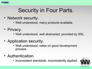 Security in Four Parts. Network security. Well understood, many products available. Privacy. Well understood, well abstracted, provided by SSL. Application security. Well understood, relies on good development process. Authentication. Inconsistent standards, inconsistently applied. 