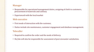 Manager 
• Responsible for operational management duties, assigning of chefs to customers, 
procurement of materials and culinary. 
• Experienced with the local market 
Web executive 
• First mode of interaction with the customer, 
• Duties include site maintenance, customer engagement and database management. 
Telecaller 
• Required to confirm the order and the mode of delivery. 
• He/she will also be responsible for assessment of post encounter satisfaction. 
 