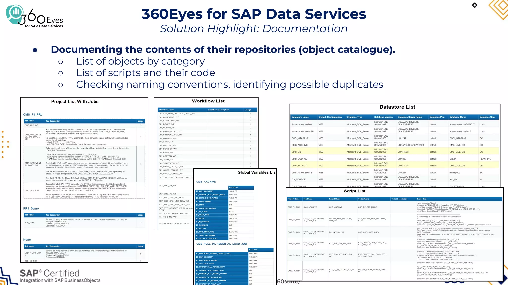 www.wiiisdom.com/360suite/
360Eyes for SAP Data Services
Solution Highlight: Documentation
● Documenting the contents of their repositories (object catalogue).
○ List of objects by category
○ List of scripts and their code
○ Checking naming conventions, identifying possible duplicates
 