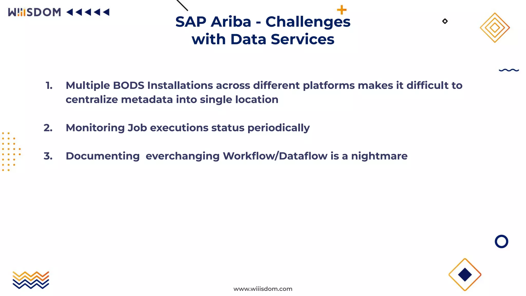 www.wiiisdom.com
1. Multiple BODS Installations across different platforms makes it difﬁcult to
centralize metadata into single location
2. Monitoring Job executions status periodically
3. Documenting everchanging Workﬂow/Dataﬂow is a nightmare
SAP Ariba - Challenges
with Data Services
 