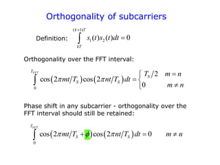 Orthogonality of subcarriers
   
0
2
cos 2 cos 2
0
FFT
T
S
S S
T m n
mt T nt T dt
m n
 


 



Orthogonality over the FFT interval:
Phase shift in any subcarrier - orthogonality over the
FFT interval should still be retained:
   
0
cos 2 cos 2 0
FFT
T
S S
mt T nt T dt m n
  
  

( 1)
1 2
( ) ( ) 0
k T
kT
s t s t dt



Definition:
 