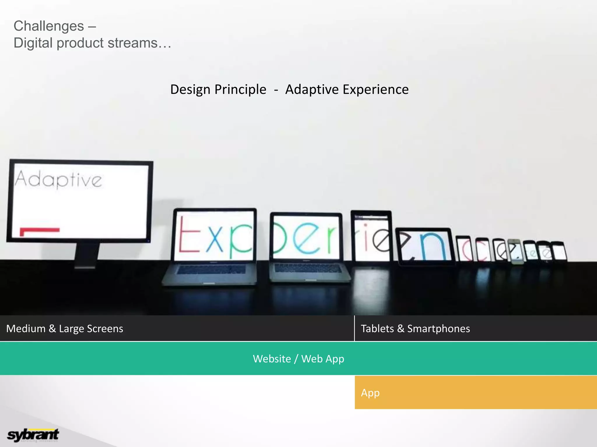 Website / Web App
Medium & Large Screens Tablets & Smartphones
Challenges –
Digital product streams…
App
Design Principle - Adaptive Experience
 