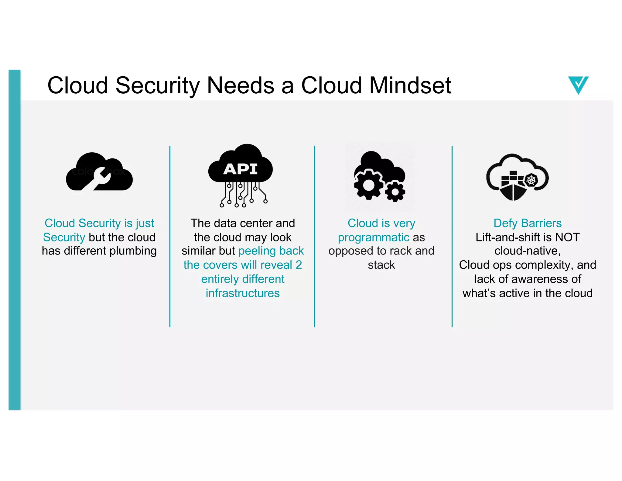 The data center and
the cloud may look
similar but peeling back
the covers will reveal 2
entirely different
infrastructures
Cloud Security is just
Security but the cloud
has different plumbing
Defy Barriers
Lift-and-shift is NOT
cloud-native,
Cloud ops complexity, and
lack of awareness of
what’s active in the cloud
Cloud is very
programmatic as
opposed to rack and
stack
Cloud Security Needs a Cloud Mindset
 