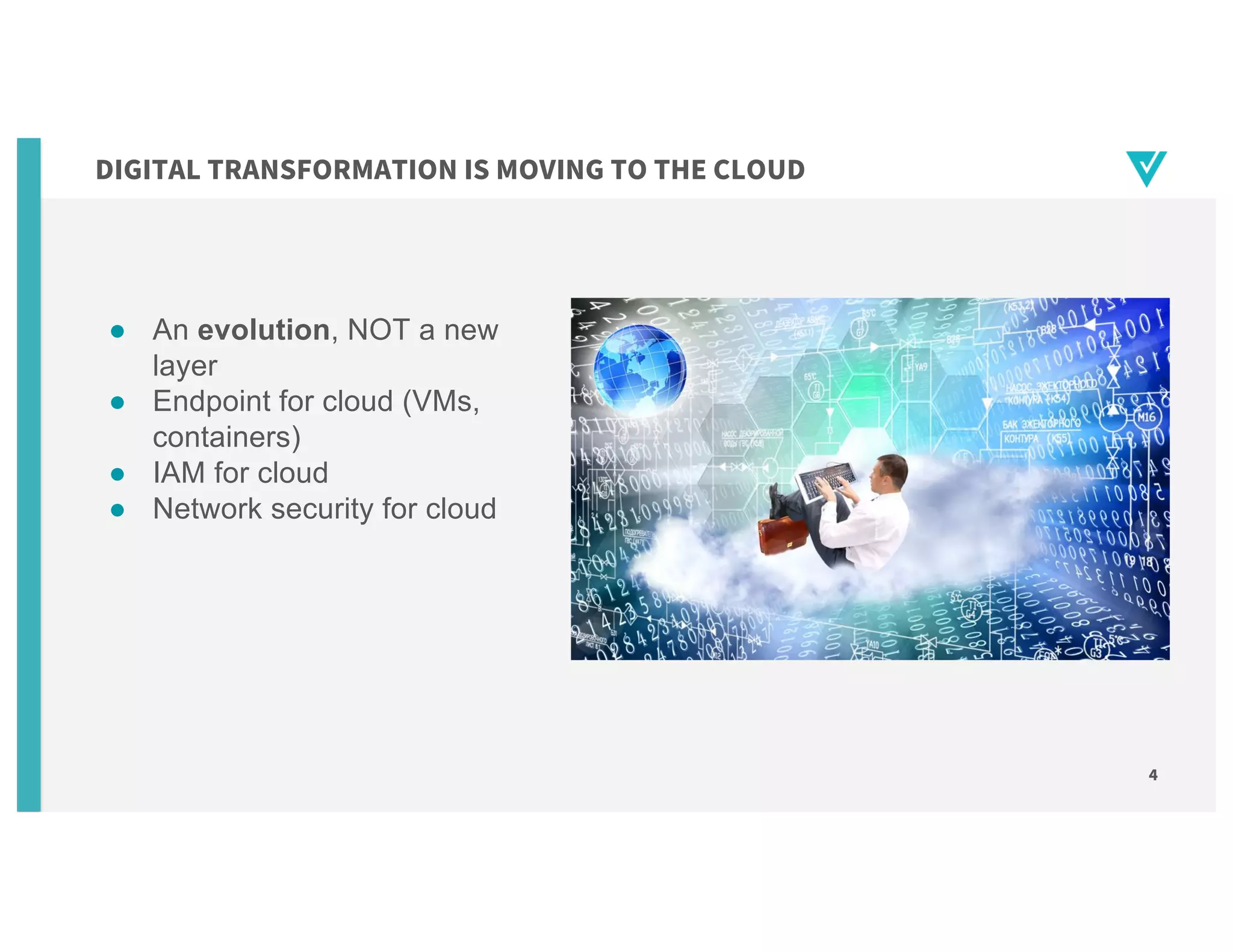 4
● An evolution, NOT a new
layer
● Endpoint for cloud (VMs,
containers)
● IAM for cloud
● Network security for cloud
DIGITAL TRANSFORMATION IS MOVING TO THE CLOUD
 