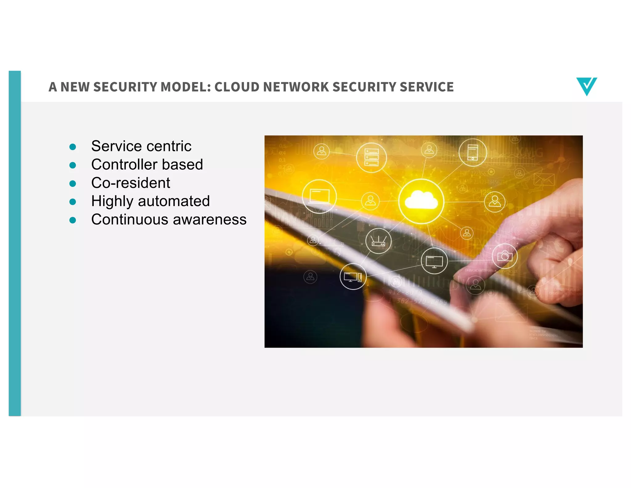 A NEW SECURITY MODEL: CLOUD NETWORK SECURITY SERVICE
● Service centric
● Controller based
● Co-resident
● Highly automated
● Continuous awareness
 