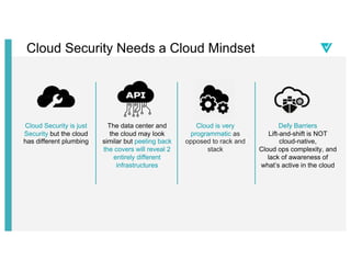 The data center and
the cloud may look
similar but peeling back
the covers will reveal 2
entirely different
infrastructures
Cloud Security is just
Security but the cloud
has different plumbing
Defy Barriers
Lift-and-shift is NOT
cloud-native,
Cloud ops complexity, and
lack of awareness of
what’s active in the cloud
Cloud is very
programmatic as
opposed to rack and
stack
Cloud Security Needs a Cloud Mindset
 