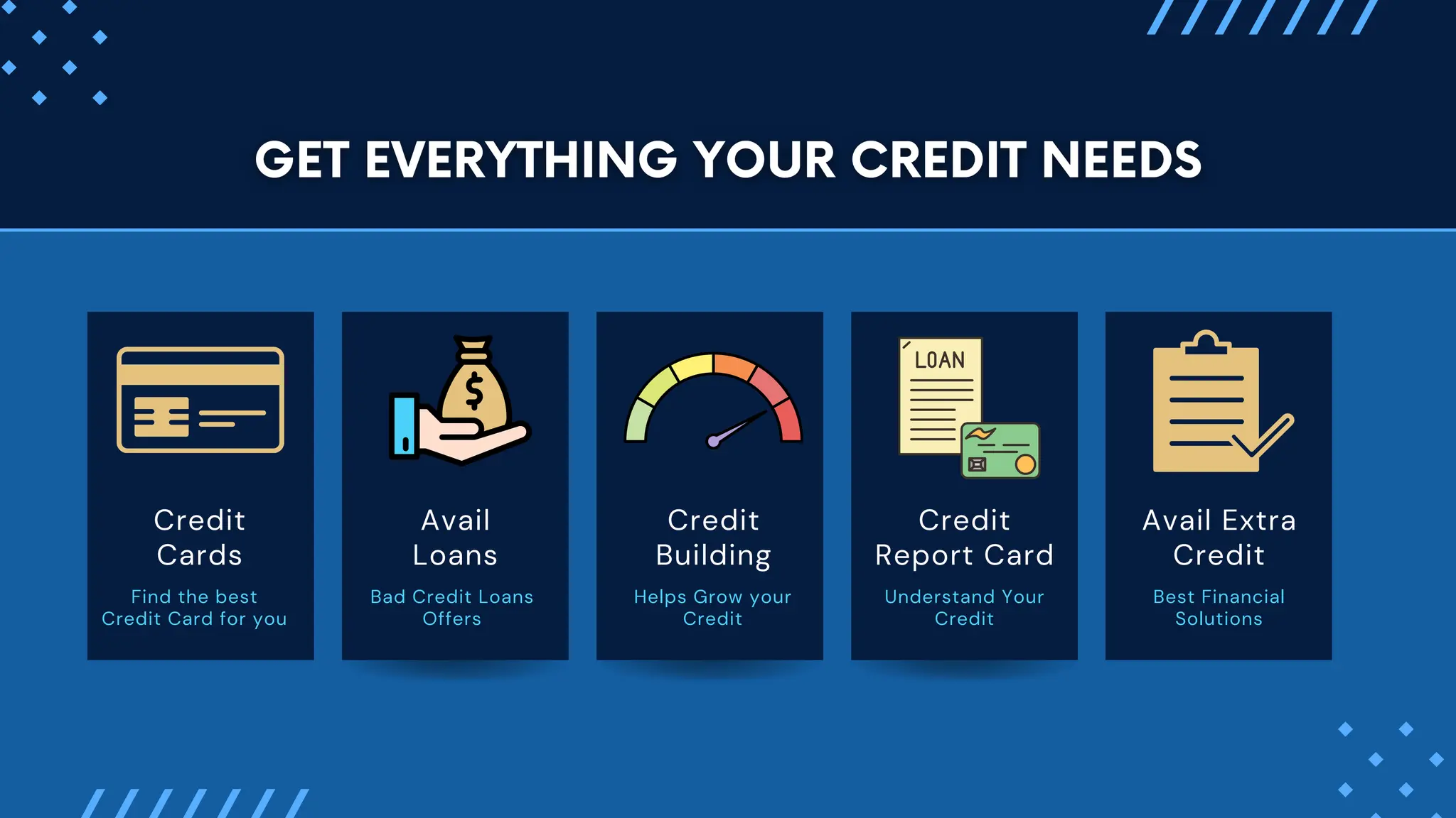 Avail
Loans
Bad Credit Loans
Offers
Credit
Building
Helps Grow your
Credit
Credit
Report Card
Understand Your
Credit
Credit
Cards
Find the best
Credit Card for you
Avail Extra
Credit
Best Financial
Solutions
 