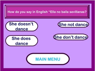 How do you say in English “Ella no baila sevillanas?


She doesn’t                      She not dance
  dance

  She does                    She don’t dance
   dance


                  MAIN MENU
 