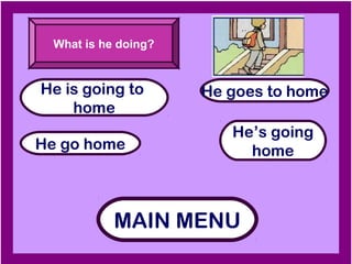 What is he doing?


He is going to        He goes to home
    home
                         He’s going
He go home                 home



            MAIN MENU
 