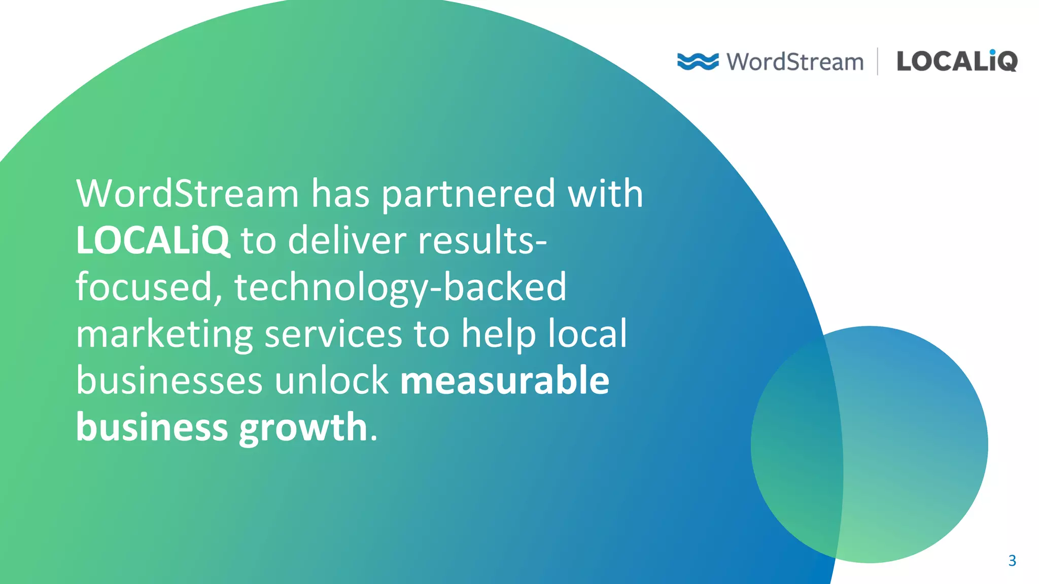 33
WordStream has partnered with
LOCALiQ to deliver results-
focused, technology-backed
marketing services to help local
businesses unlock measurable
business growth.
 