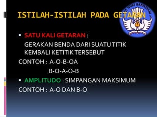 ISTILAH-ISTILAH PADA GETARAN

 SATU KALI GETARAN :
  GERAKAN BENDA DARI SUATU TITIK
  KEMBALI KETITIK TERSEBUT
CONTOH : A-O-B-OA
         B-O-A-O-B
 AMPLITUDO : SIMPANGAN MAKSIMUM
CONTOH : A-O DAN B-O
 