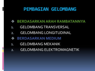 PEMBAGIAN GELOMBANG

 BERDASARKAN ARAH RAMBATANNYA
1.    GELOMBANG TRANSVERSAL
2.    GELOMBANG LONGITUDINAL
    BERDASARKAN MEDIUM
1.    GELOMBANG MEKANIK
2.    GELOMBANG ELEKTROMAGNETIK
 
