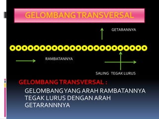 GELOMBANG TRANSVERSAL
                            GETARANNYA



OOOOOOOOOOOOOOOOOOOOOOO
       RAMBATANNYA


                     SALING TEGAK LURUS

 GELOMBANG TRANSVERSAL :
  GELOMBANG YANG ARAH RAMBATANNYA
  TEGAK LURUS DENGAN ARAH
  GETARANNNYA
 