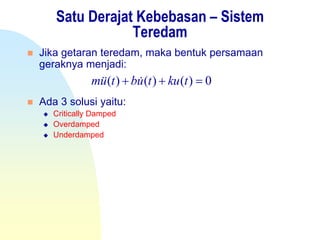 Satu Derajat Kebebasan – Sistem
Teredam
 Jika getaran teredam, maka bentuk persamaan
geraknya menjadi:
 Ada 3 solusi yaitu:
 Critically Damped
 Overdamped
 Underdamped
0)()()(  tkutubtum 
 