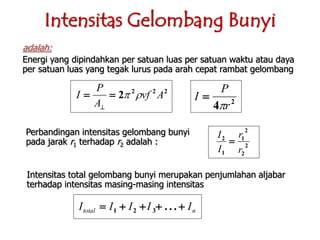 Intensitas Gelombang Bunyi
222
2 Avf
A
P
I 

adalah:
Energi yang dipindahkan per satuan luas per satuan waktu atau daya
per satuan luas yang tegak lurus pada arah cepat rambat gelombang
2
4 r
P
I


Perbandingan intensitas gelombang bunyi
pada jarak r1 terhadap r2 adalah : 2
2
2
1
1
2
r
r
I
I

Intensitas total gelombang bunyi merupakan penjumlahan aljabar
terhadap intensitas masing-masing intensitas
ntotal IIIII  ...321
 