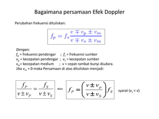 Bagaimana persamaan Efek Doppler
S
S
P
P
vv
f
vv
f



Perubahan frekuensi dituliskan:
Dengan:
fp = frekuensi pendengar ; fs = frekuensi sumber
vp = kecepatan pendengar ; vs = kecepatan sumber
vm= kecepatan medium ; v = cepat rambat bunyi diudara.
Jika vm = 0 maka Persamaan di atas dituliskan menjadi:
syarat (vs < v)
atau
S
S
p
P f
vv
vv
f 








 